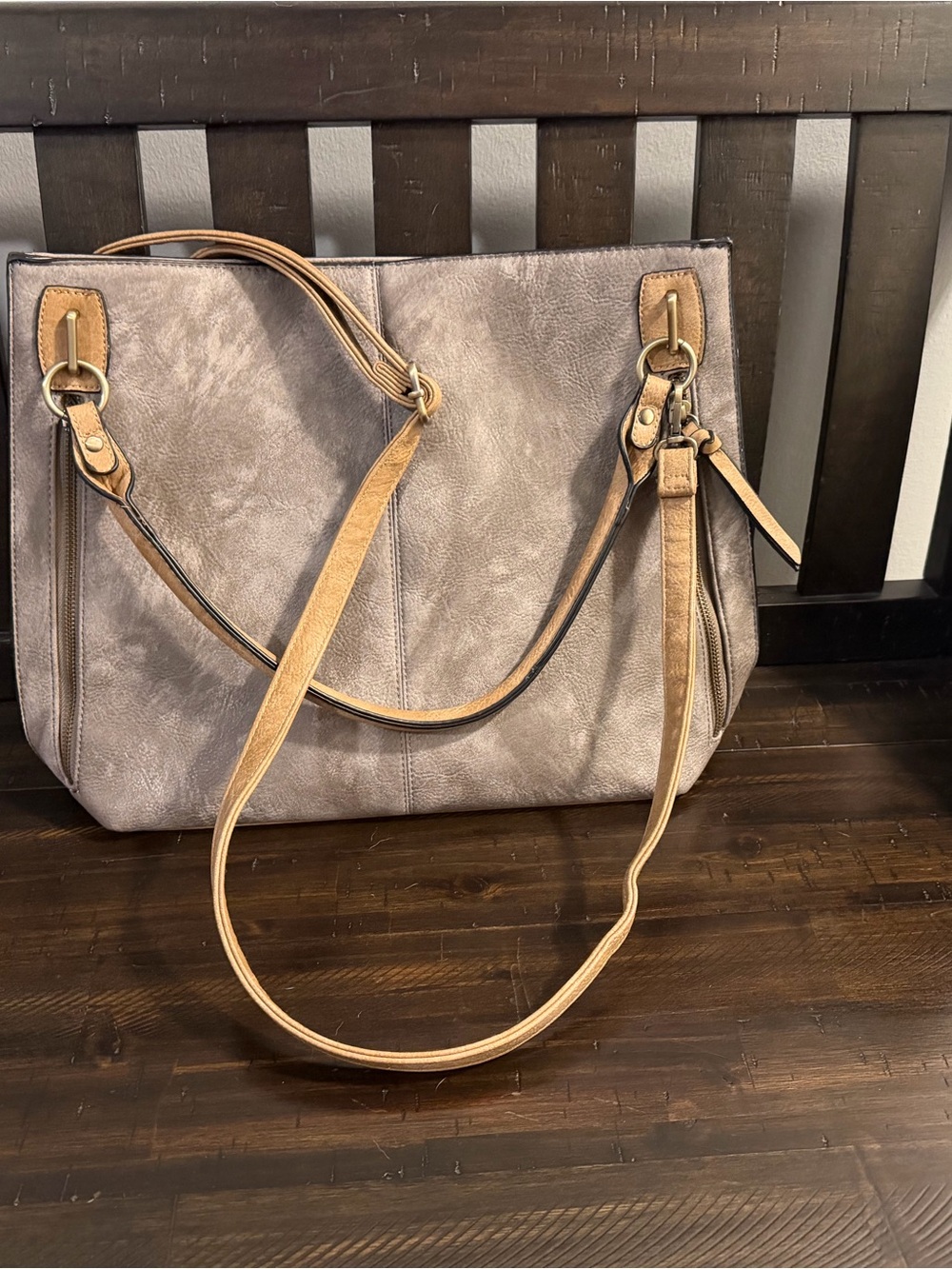 Neutral Grey and Taupe Tote Bag with Tan Straps - Classic Everyday Style
